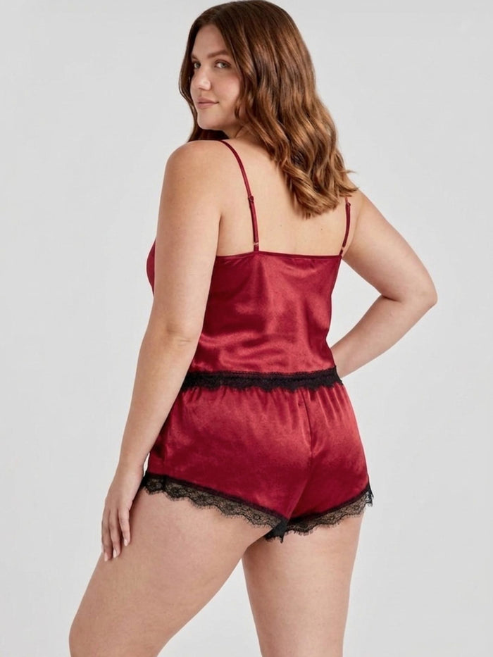 Satin Red Lace Cami And Shorts Nightwear Set