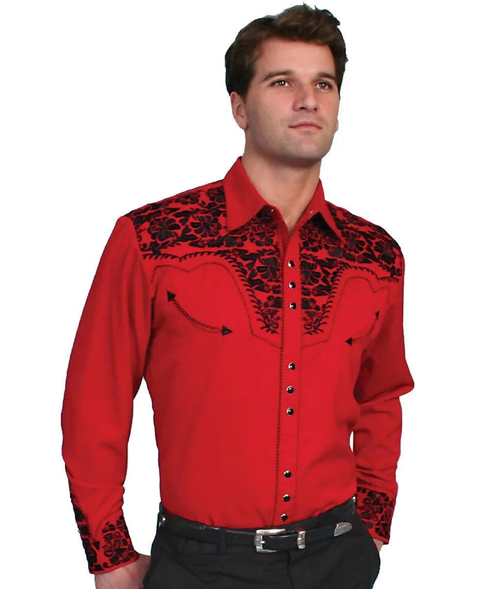 Scully Floral Tooled Embroidery - Men's Western Shirt (Red/Black) - Hatcountry