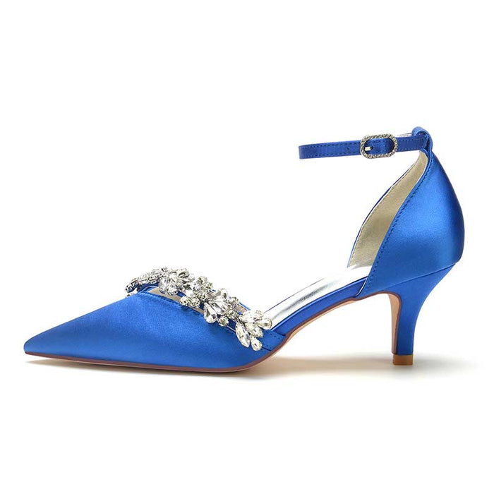 Blue satin pointed toe prom shoes with rhinestones and ankle strap for elegant occasions
