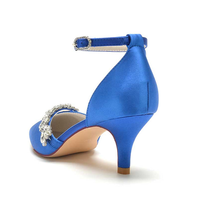 Blue pointed toe prom shoes with rhinestones featuring an ankle strap and elegant design