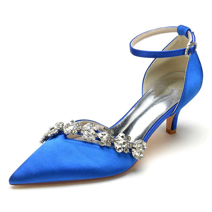 Elegant blue pointed toe prom shoes with rhinestones and ankle strap for special occasions