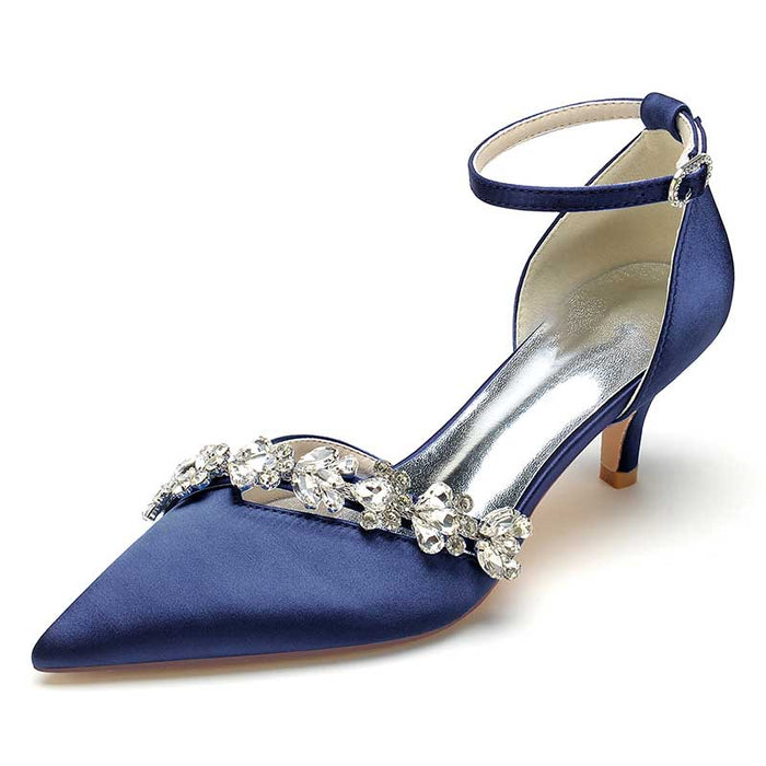 Elegant blue pointed toe prom shoes with rhinestones and ankle strap for formal occasions
