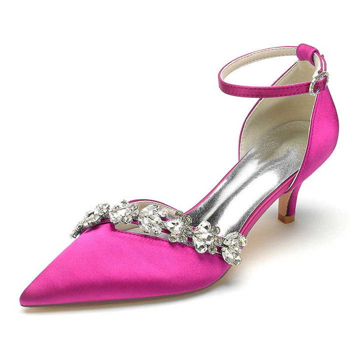 Pink pointed toe prom shoes with rhinestones featuring a stylish ankle strap and elegant design