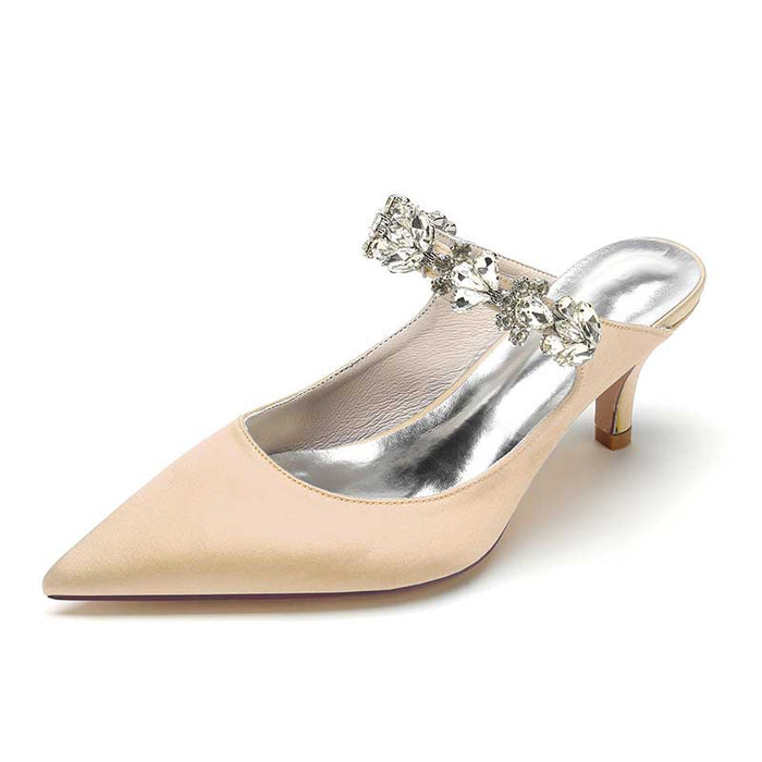 Stylish satin high heel mule shoes with decorative embellishments for elegant occasions