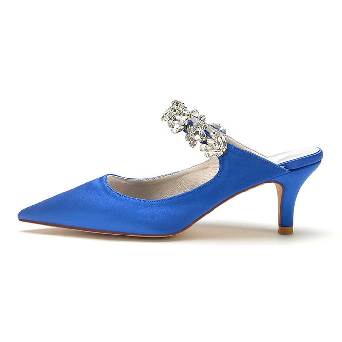Elegant blue satin high heel mule shoes with sparkling jeweled strap for stylish occasions