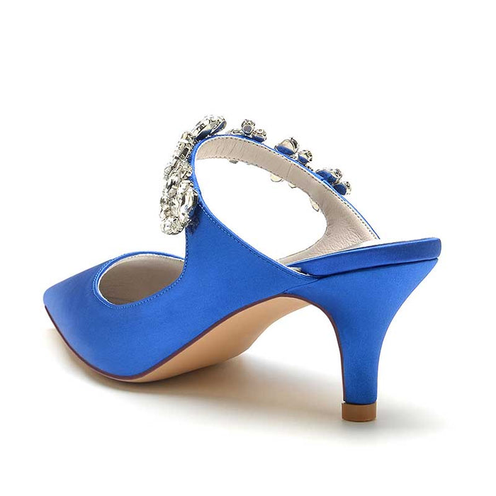 Elegant blue satin high heel mule shoes with decorative embellishments for stylish occasions