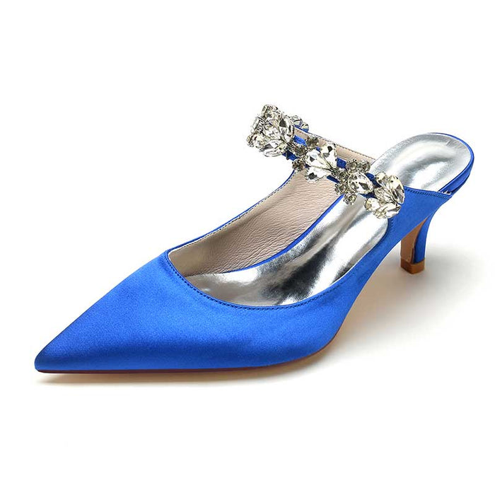 Stylish blue satin high heel mule shoes with decorative rhinestone detailing on the strap