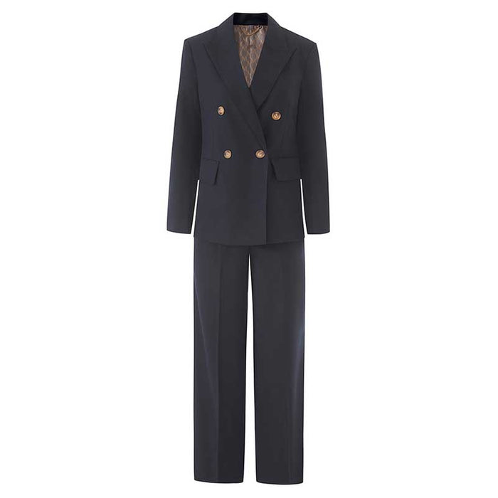 Elegant women's straight-leg pants suit by SD Dresscode & Fashiontrends in classic black with a double-breasted blazer