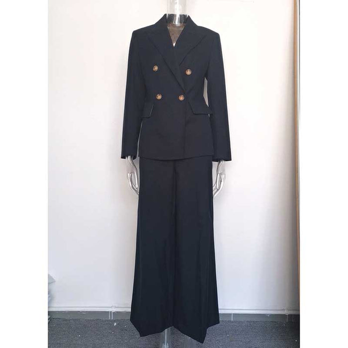 Stylish SD Dresscode women's straight-leg pants suit in black with a double-breasted blazer and wide-leg trousers