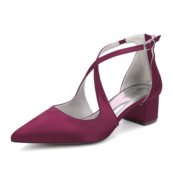 Elegant burgundy bridal heels with crossing straps and block heels for a stylish wedding look