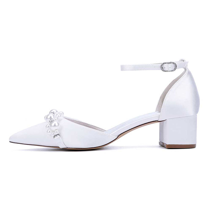 Elegant pearl embellished bride shoes with ankle strap and block heels for stylish wedding footwear