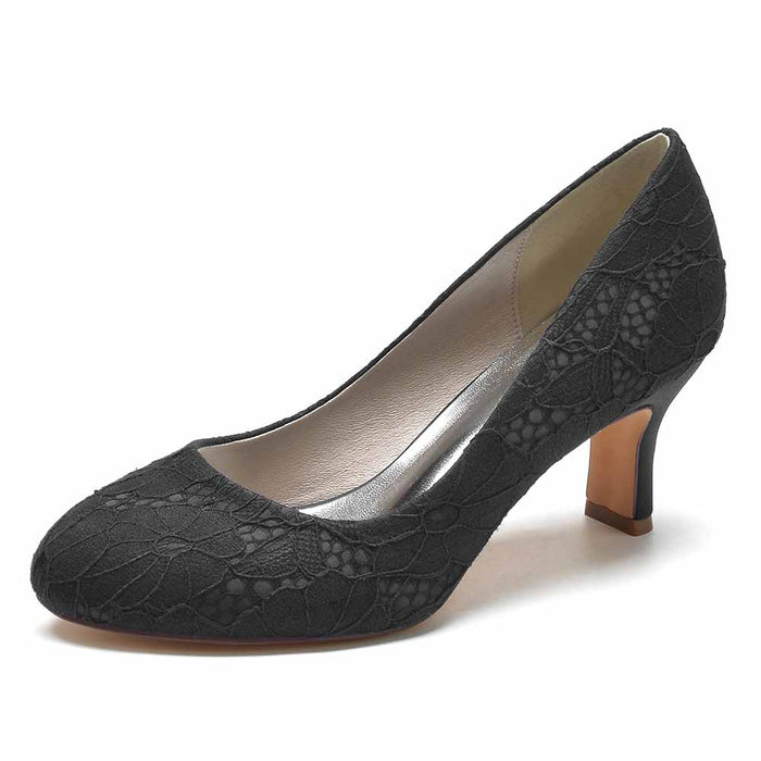 Elegant black closed toe bridal pumps for women with lace detailing and a stylish heel