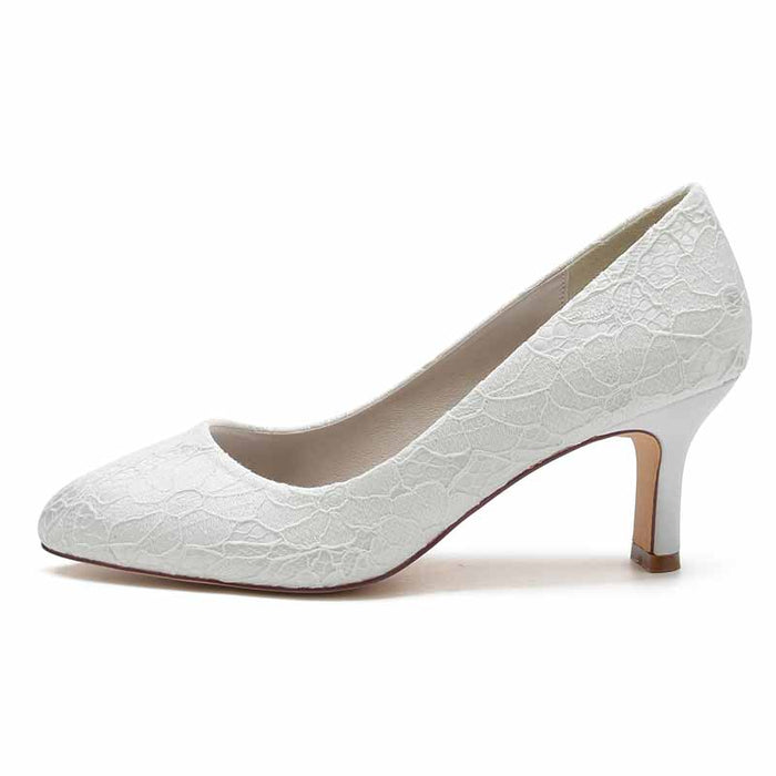 Elegant closed toe bridal pumps for women in white lace design with a modest heel