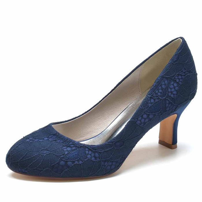 S&DCo. closed toe bridal pumps for women in navy with lace detailing and low heel