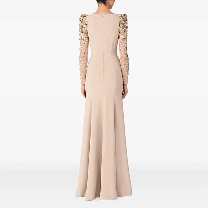 Sequin Appliqued Long Sleeve Evening Dress Round-Neck Prom Dress