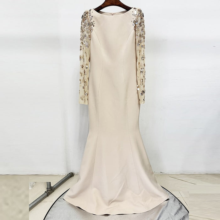 Sequin Appliqued Long Sleeve Evening Dress Round-Neck Prom Dress