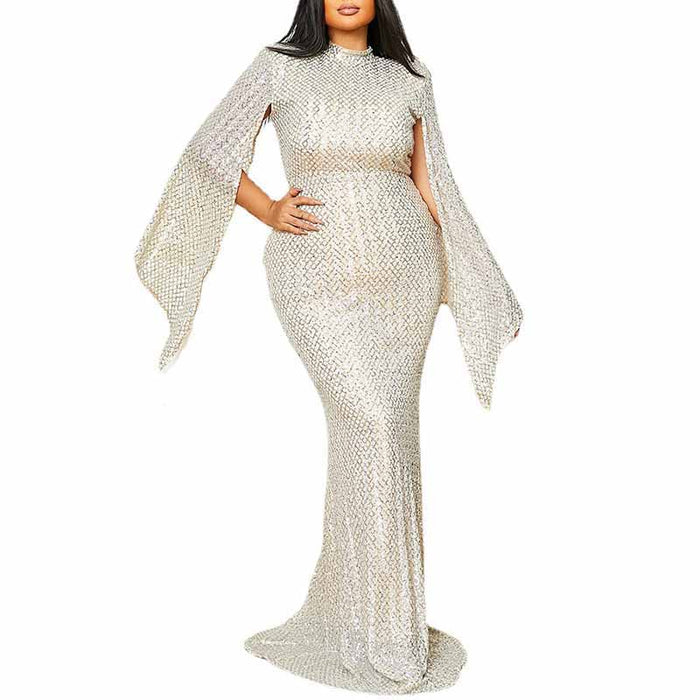 Sheer Cape Sleeve Sequin Black Prom Derss Plus Size Event Gowns