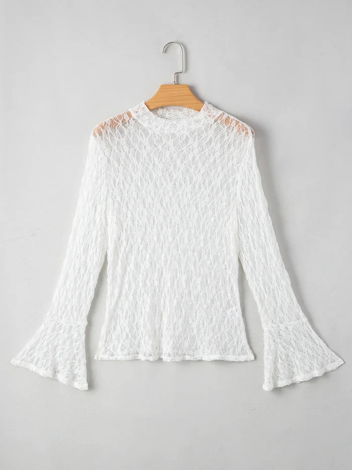 Sheer Lace Bell Sleeve Mock Neck Blouse