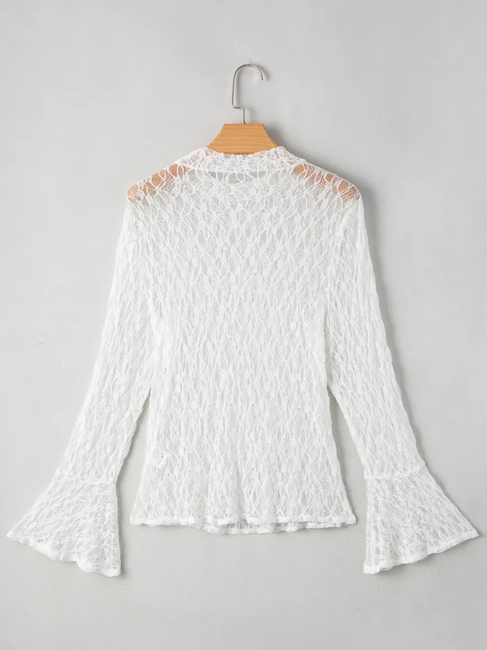 Sheer Lace Bell Sleeve Mock Neck Blouse