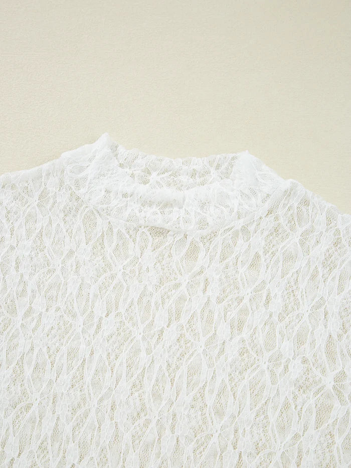 Sheer Lace Bell Sleeve Mock Neck Blouse