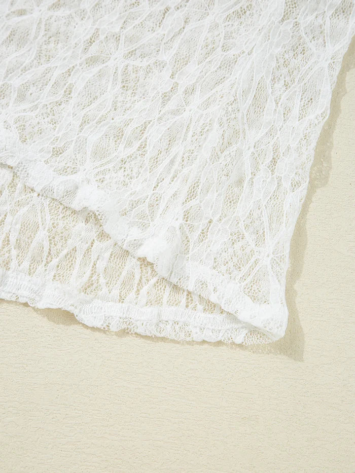 Sheer Lace Bell Sleeve Mock Neck Blouse