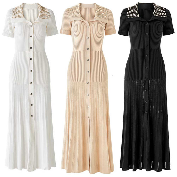 Short Sleeves Knitted Midi Dress Beaded Collar Body-Con Long Dress