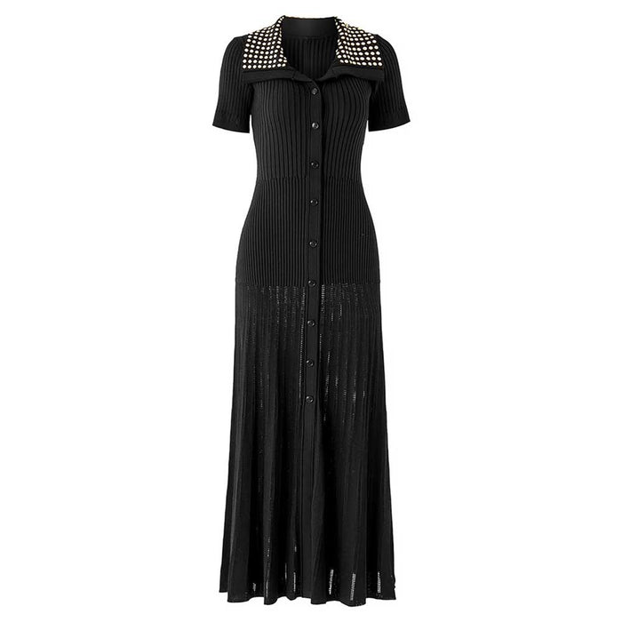 Short Sleeves Knitted Midi Dress Beaded Collar Body-Con Long Dress