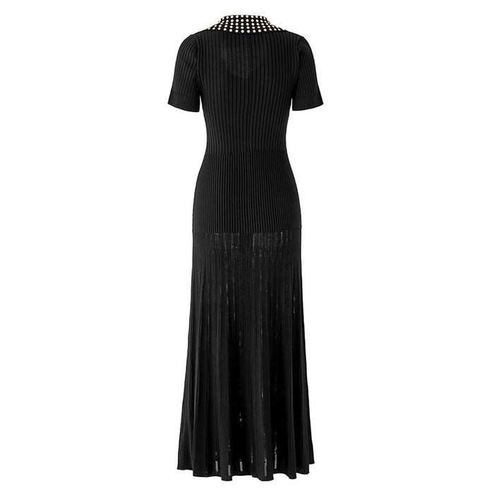 Short Sleeves Knitted Midi Dress Beaded Collar Body-Con Long Dress