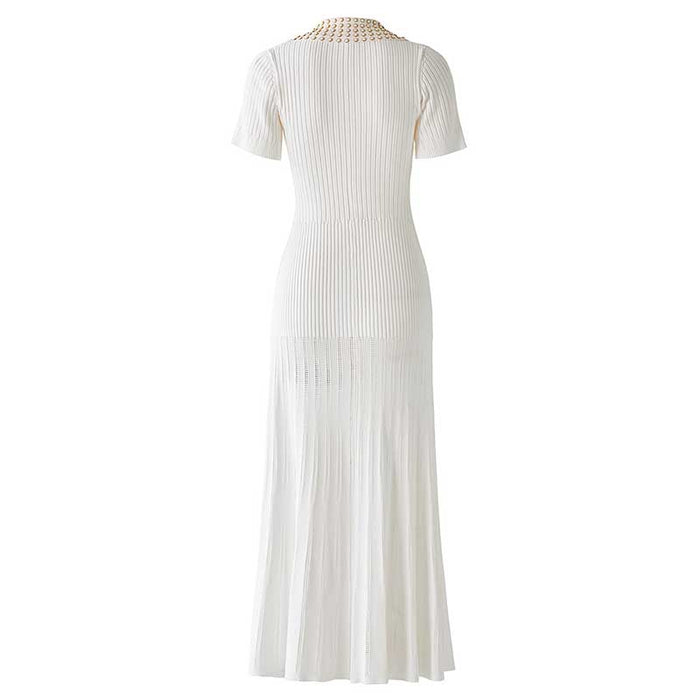 Short Sleeves Knitted Midi Dress Beaded Collar Body-Con Long Dress