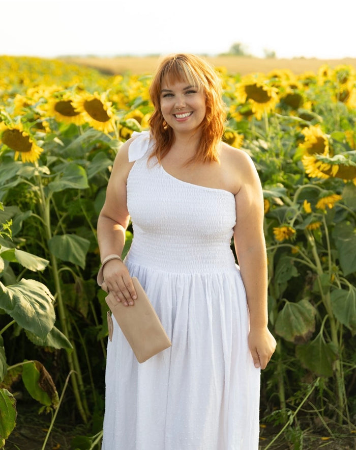 Sienna One Shoulder Shirred Dress in White Pompom - Laluxe Femme