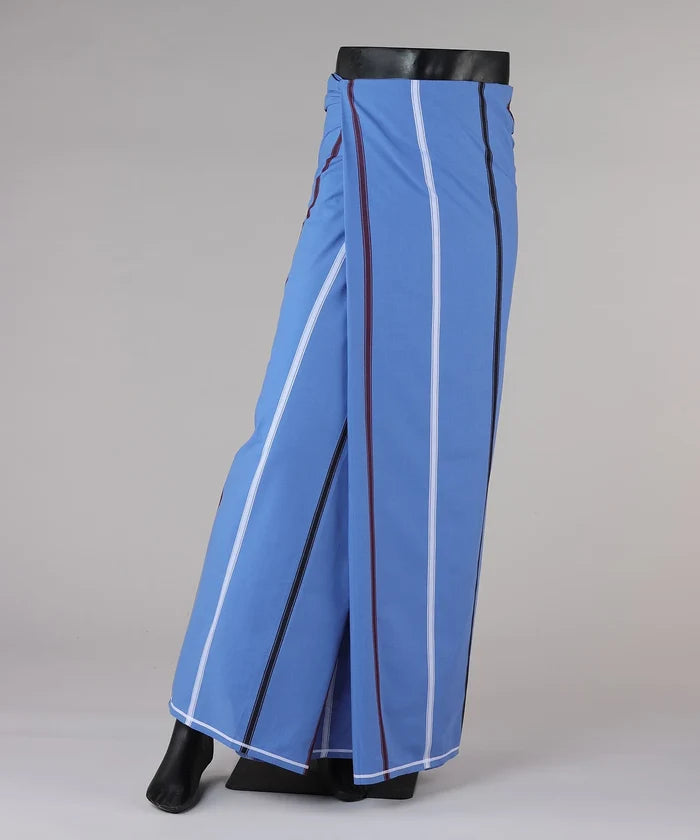 Blue pants with white and black stripes on a gray background
