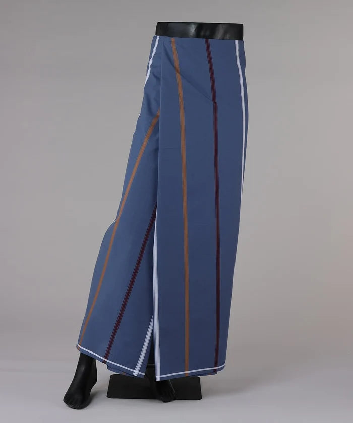Blue pants with brown and white stripes on a gray background