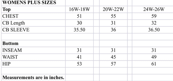 Size chart for plus size silk pyjamas.