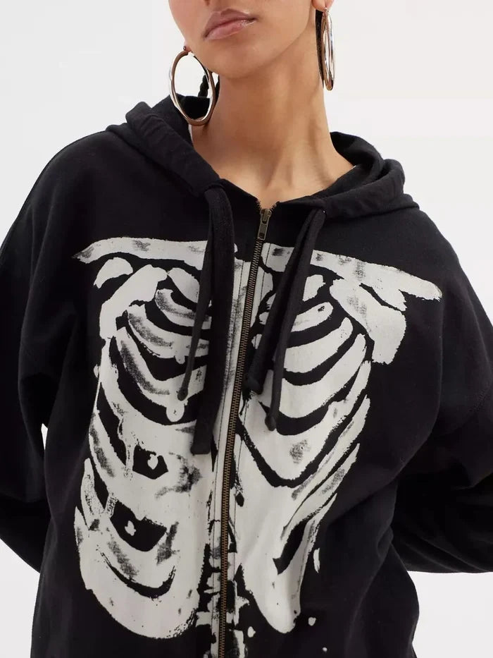 Skeleton Zip Up Drawstring Hoodie