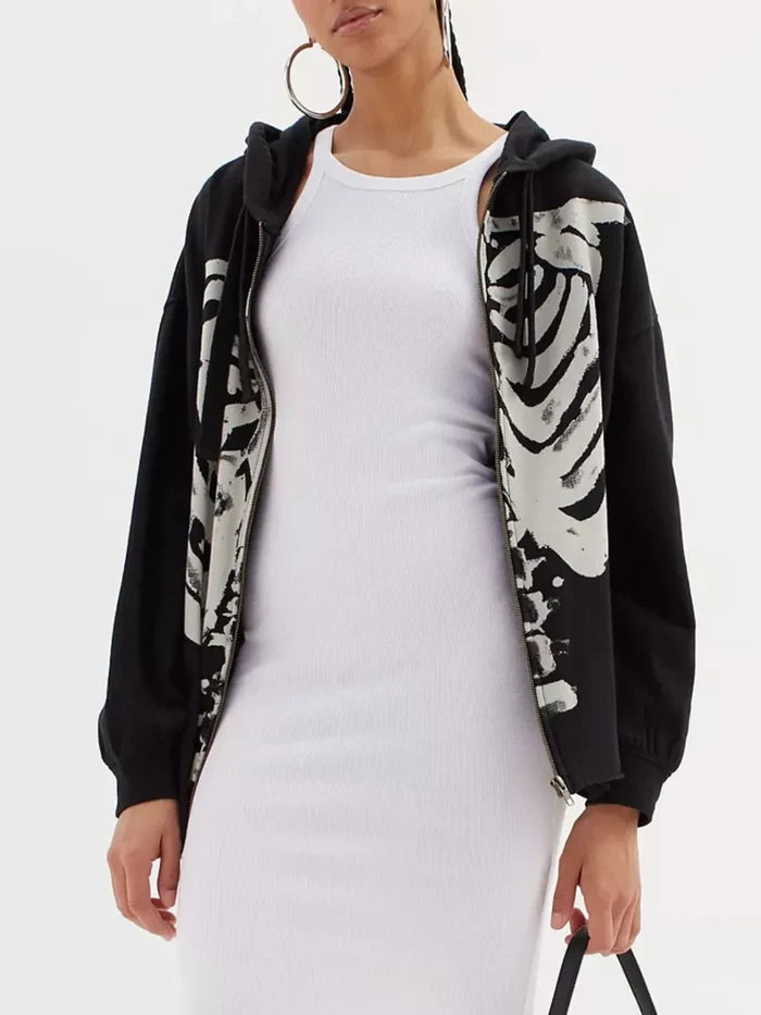 Skeleton Zip Up Drawstring Hoodie