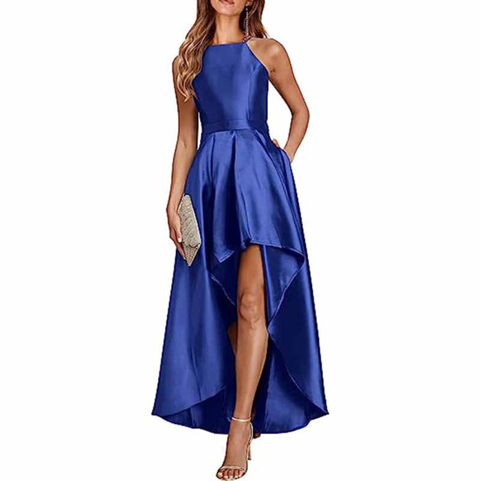 Sleeveless Satin Wedding Guest Outfit A Line Bridesmaid Dress High-Low Prom Dress