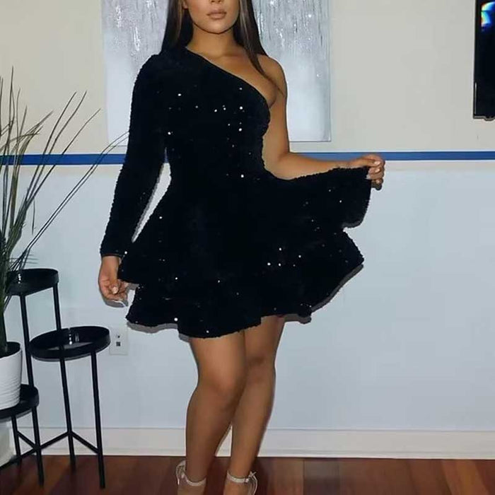 Sparkly Sequin Short Homecoming Dresses One Shoulder Glitter Tiered Short Gowns