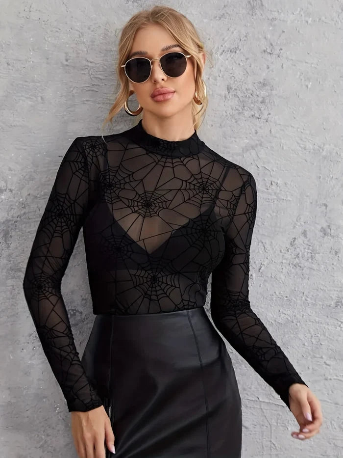 Spider Web Print Long Sleeve Blouse
