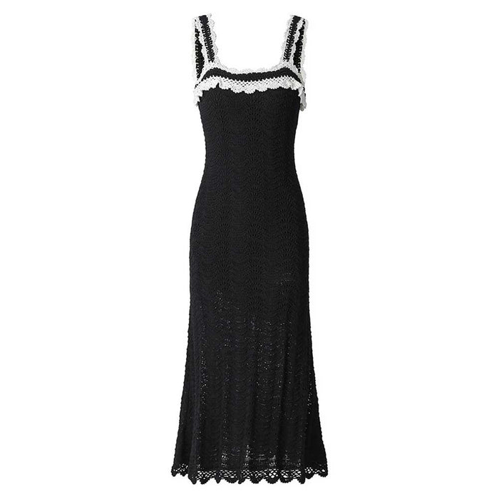 Square Neck Midi Black Dress Body-Con Slim Fit Chic A-Line Cocktail Dress
