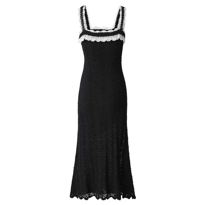 Square Neck Midi Black Dress Body-Con Slim Fit Chic A-Line Cocktail Dress