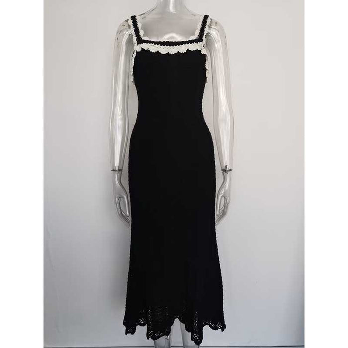 Square Neck Midi Black Dress Body-Con Slim Fit Chic A-Line Cocktail Dress