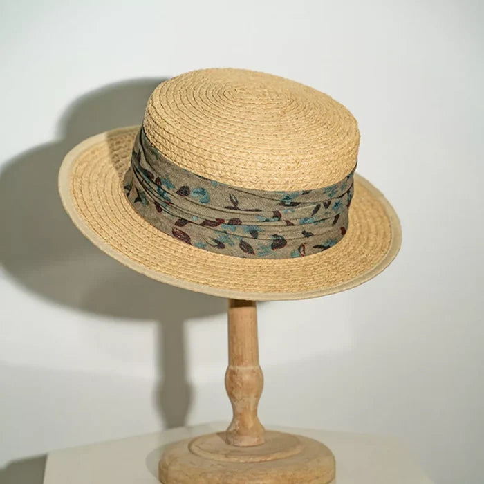 Straw Boater Hat with Printed Band