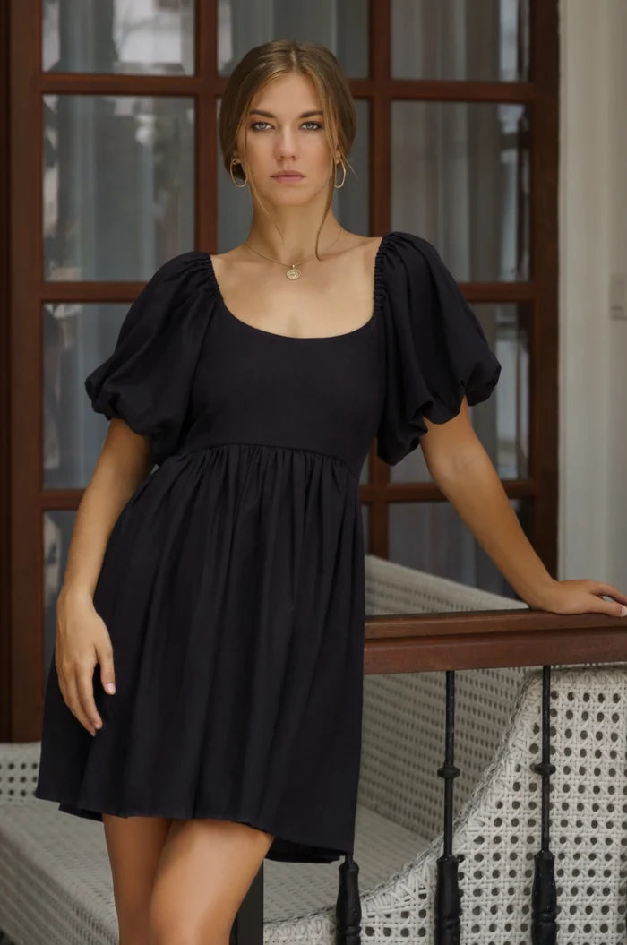 Strawberry Fields Puff Sleeve Mini in Black - Laluxe Femme