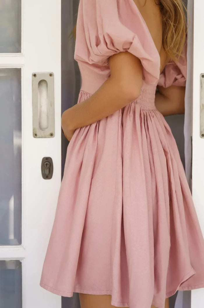 Strawberry Fields Puff Sleeve Mini In French Rose - Laluxe Femme