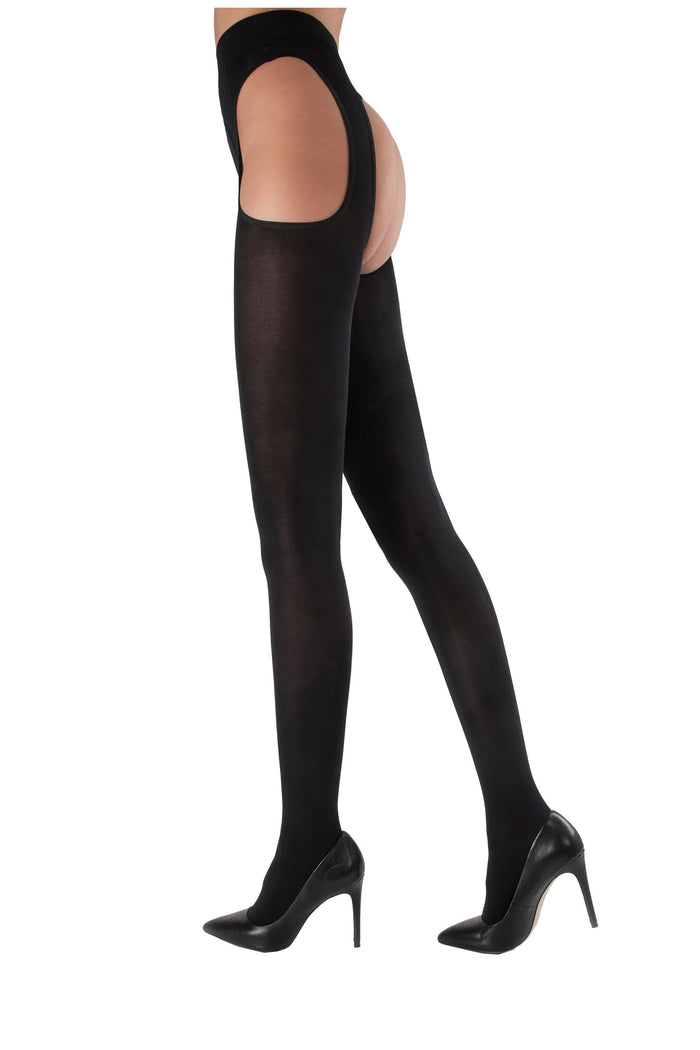 Black suspender tights on a white background