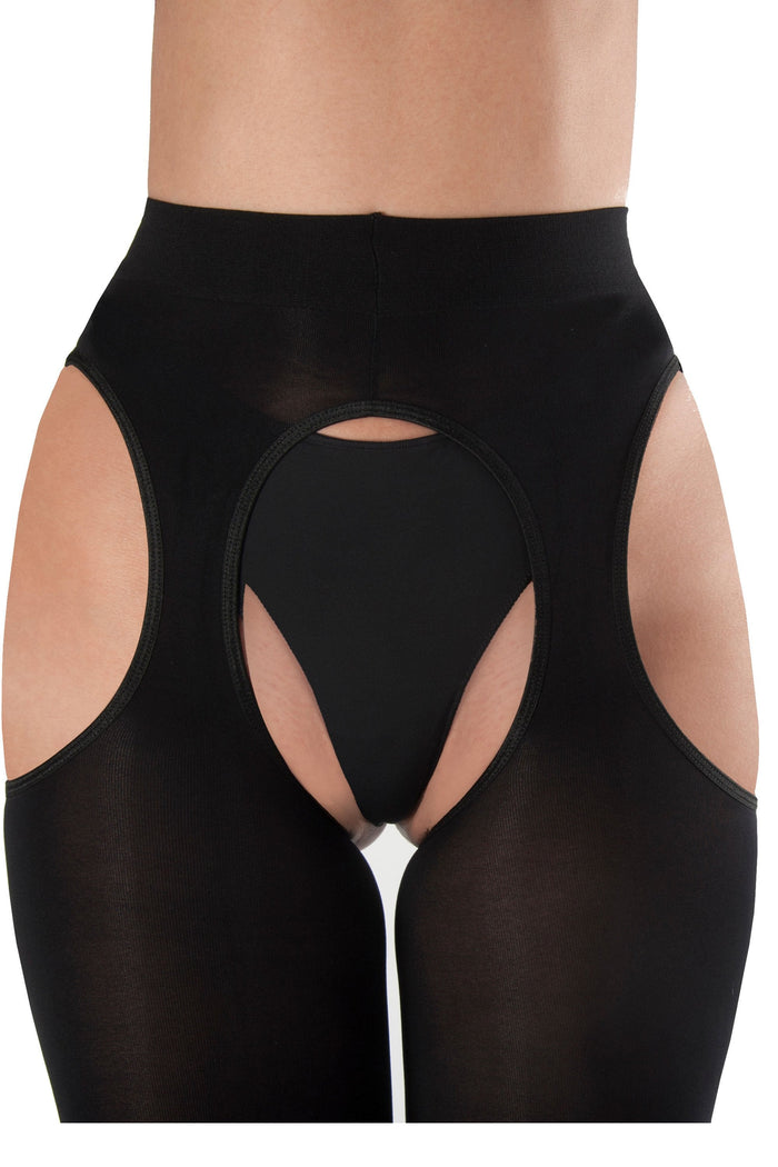 Black suspender tights on a white background