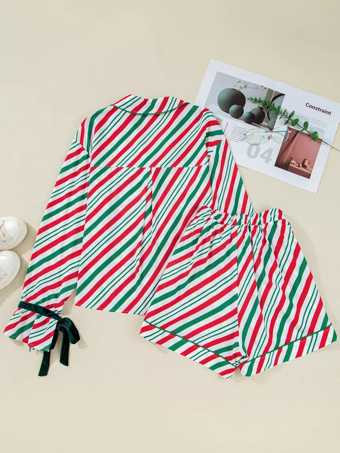 Stripe Contrast Velvet Ribbon Knot Christmas 2pcs Pajama Set
