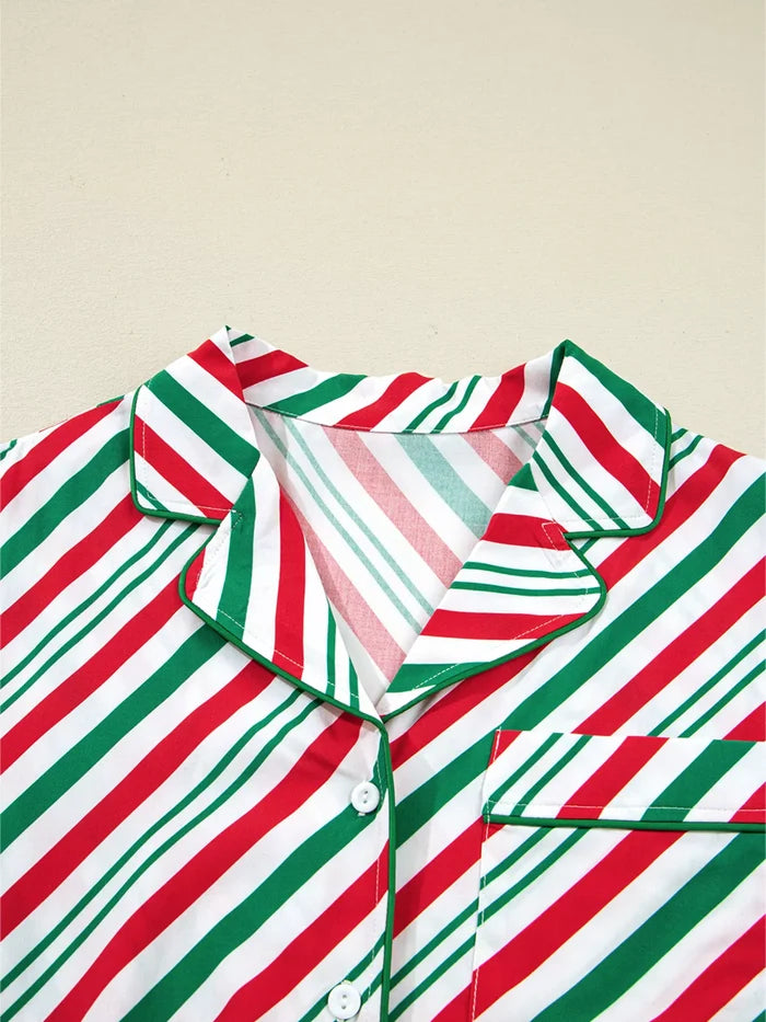 Stripe Contrast Velvet Ribbon Knot Christmas 2pcs Pajama Set