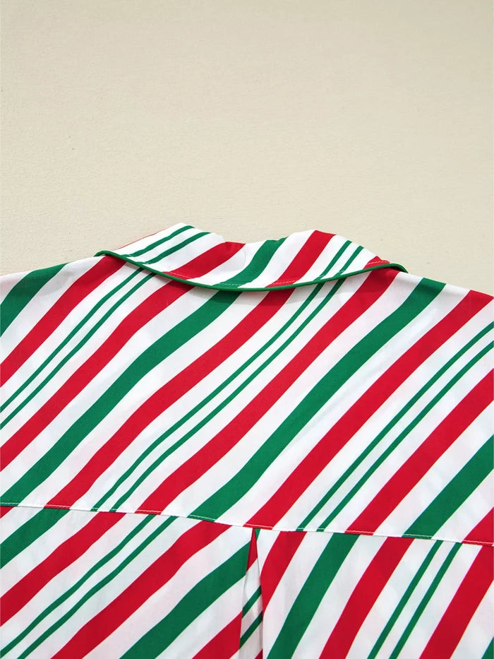 Stripe Contrast Velvet Ribbon Knot Christmas 2pcs Pajama Set