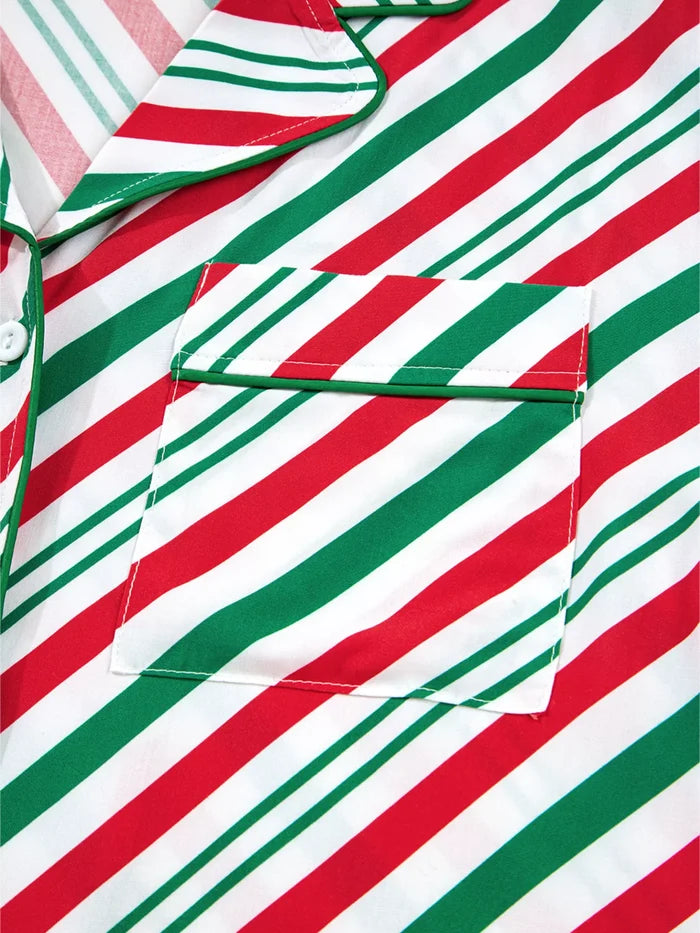 Stripe Contrast Velvet Ribbon Knot Christmas 2pcs Pajama Set